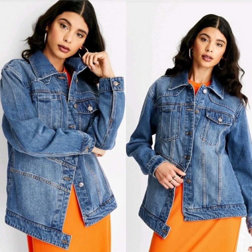 Future Collective Kahlana Barfield Brown Asymmetrical Denim Jean Jacket M